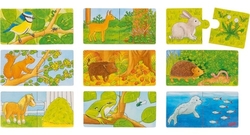 Dřevěné puzzle dvojice Zvířátka a jejich potrava 9x2 dílků